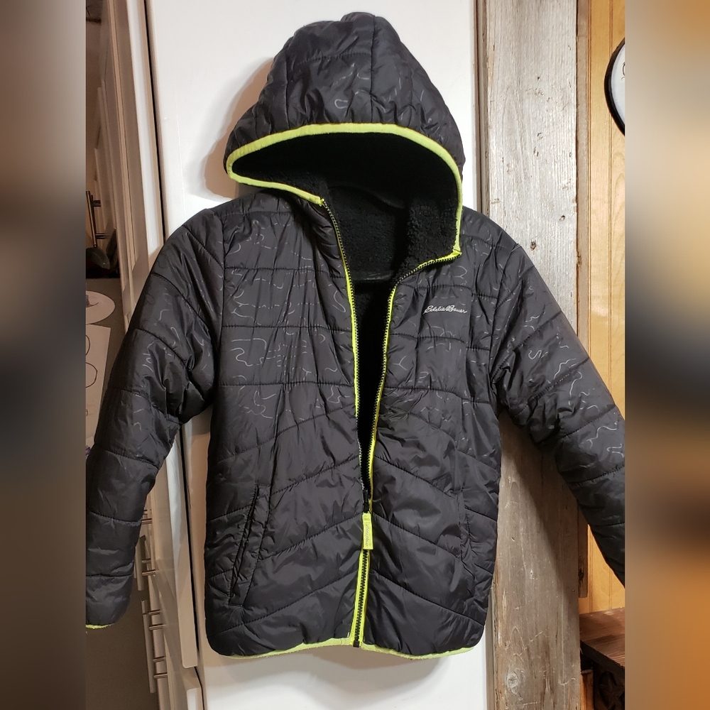Eddie Bauer Youth Puffer Jacket Hooded Sherpa Style Inside Black 10-12 Med